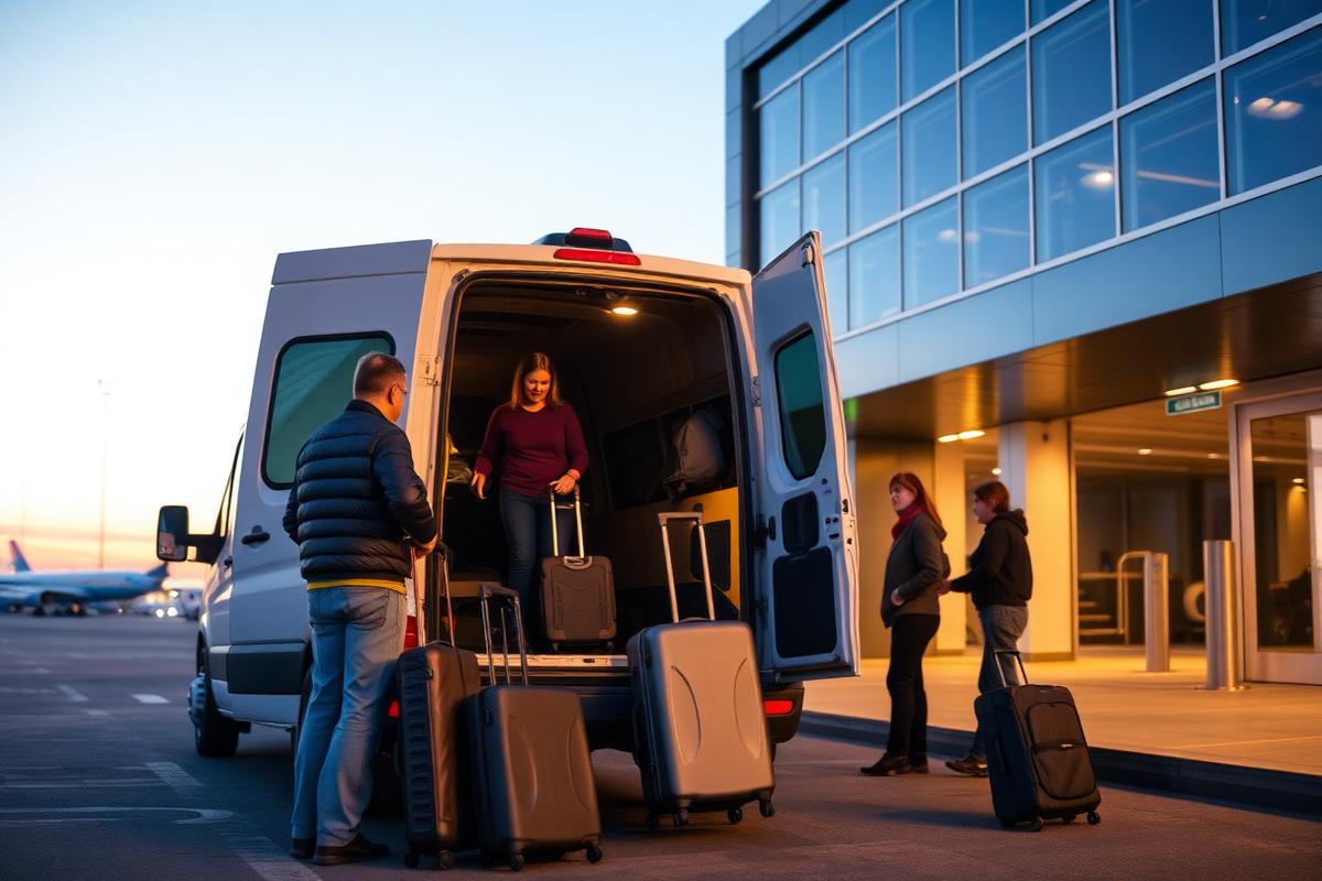Putnici s koferima ulaze u kombi vozilo ispred terminala zračne luke u ranu zoru