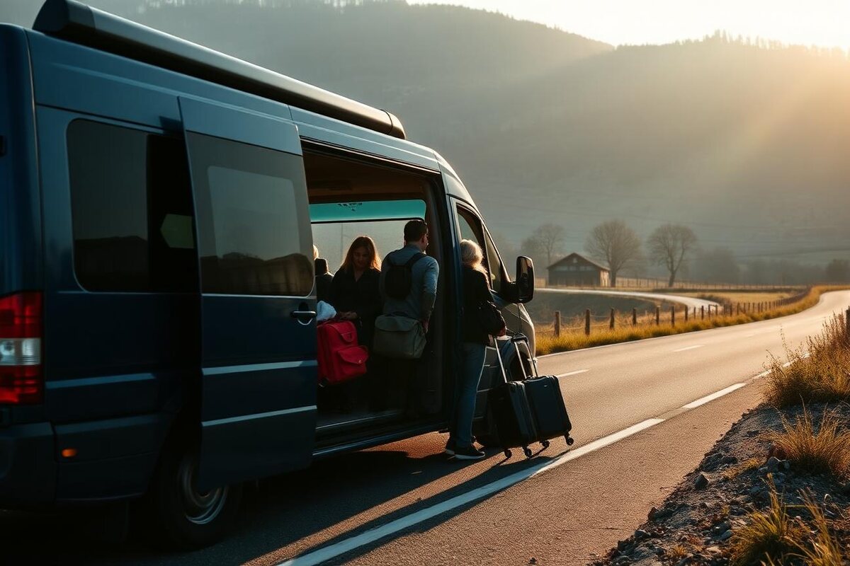 Putnički kombi uz grupu putnika spremnih za zajedničko putovanje