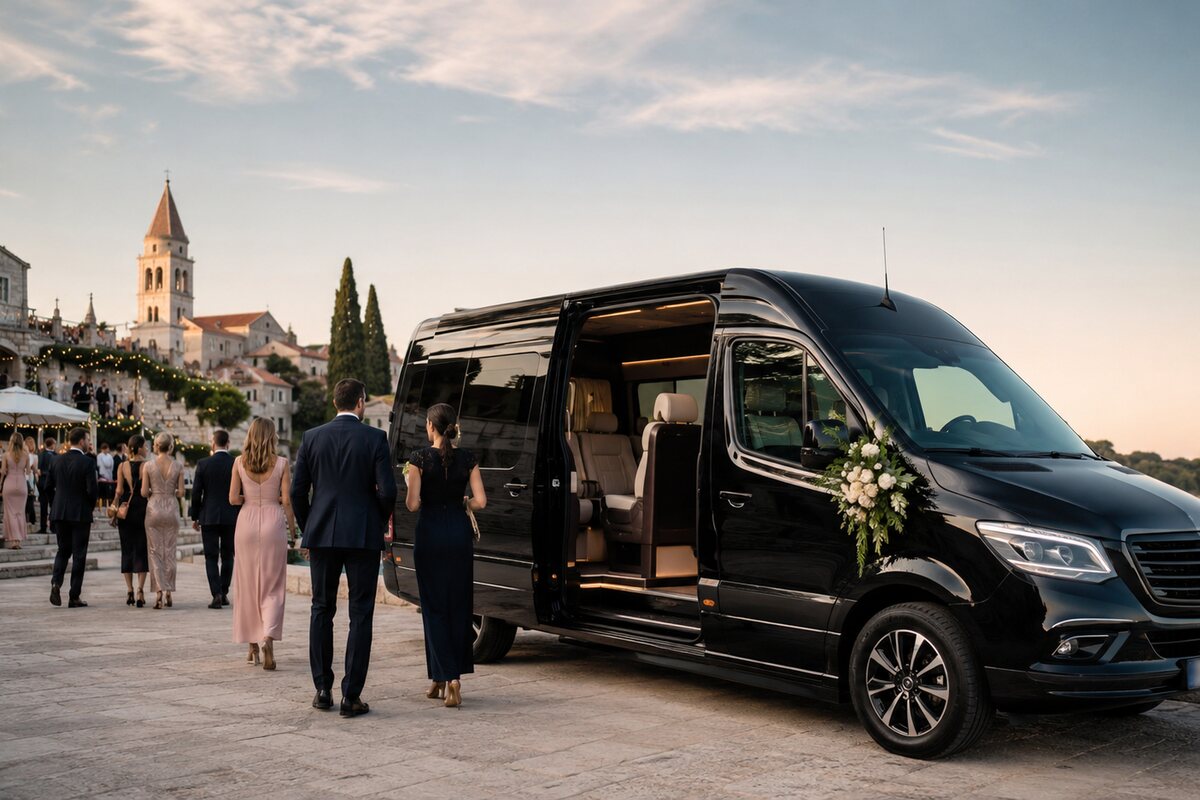 Elegantni putnički kombi uz obalni trg i svečano odjevene goste koji dolaze na događanje