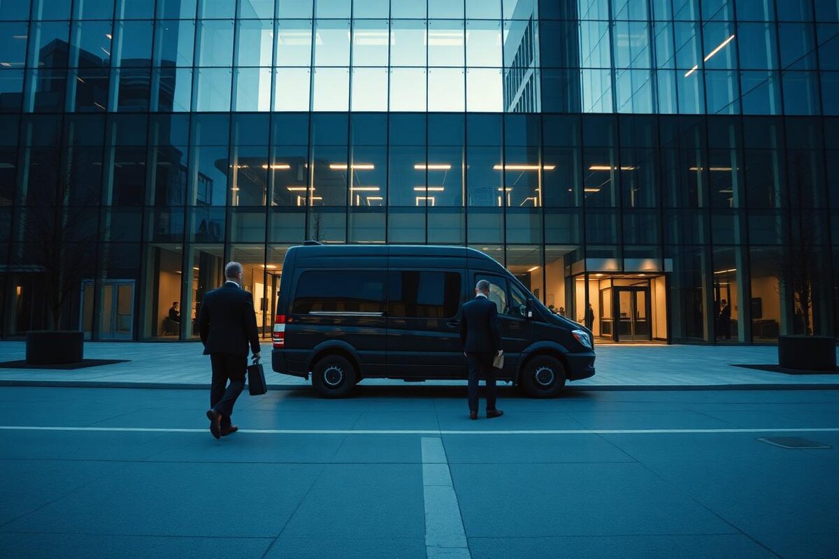 Poslovni putnici uz putnički kombi ispred moderne poslovne zgrade prije konferencije