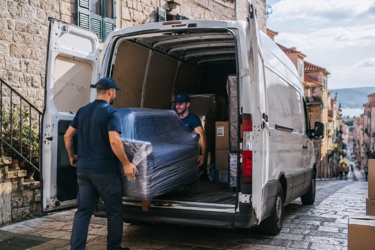 Dvojica djelatnika iznose zaštićeni komad namještaja iz dostavnog kombija u staroj gradskoj ulici