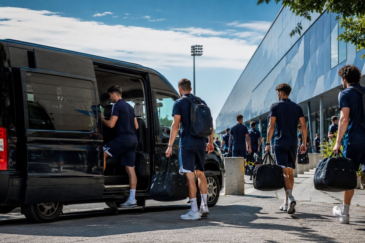 Sportska ekipa s torbama ukrcava se u putnički kombi ispred sportske dvorane