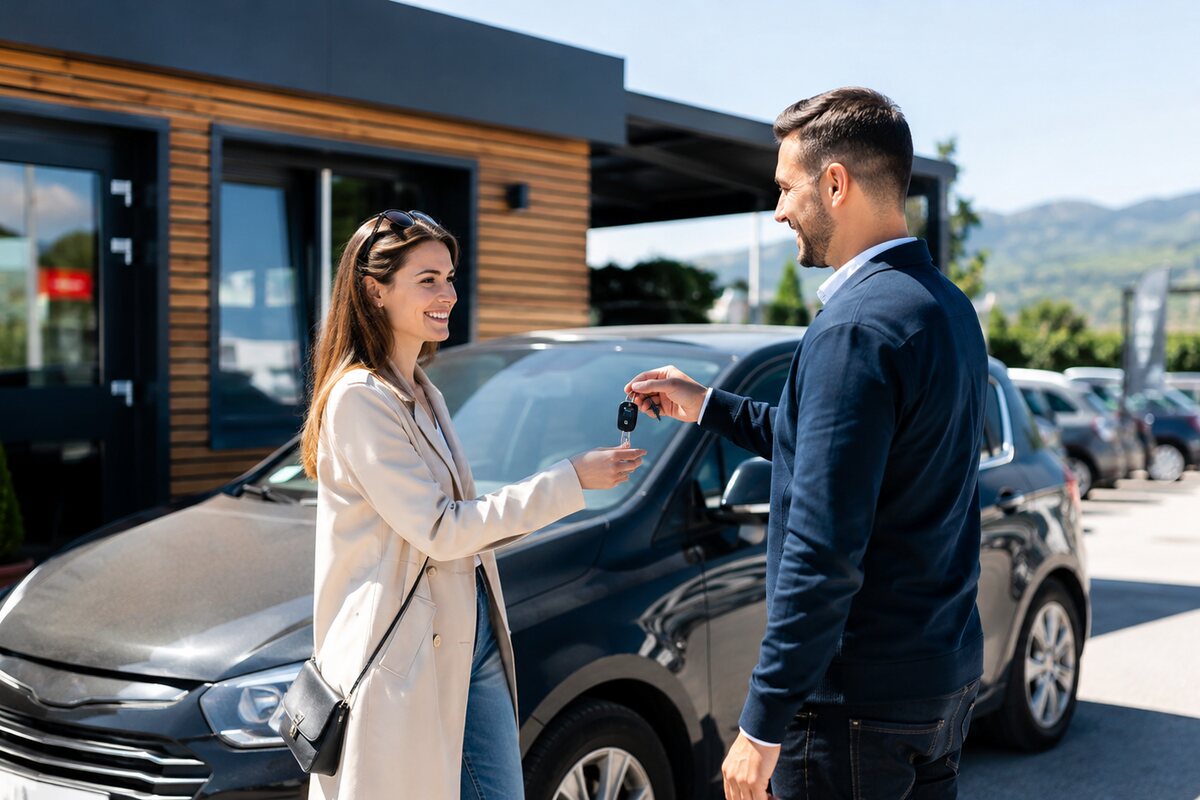 Djelatnik predaje ključeve automobila korisnici ispred poslovnice za najam vozila