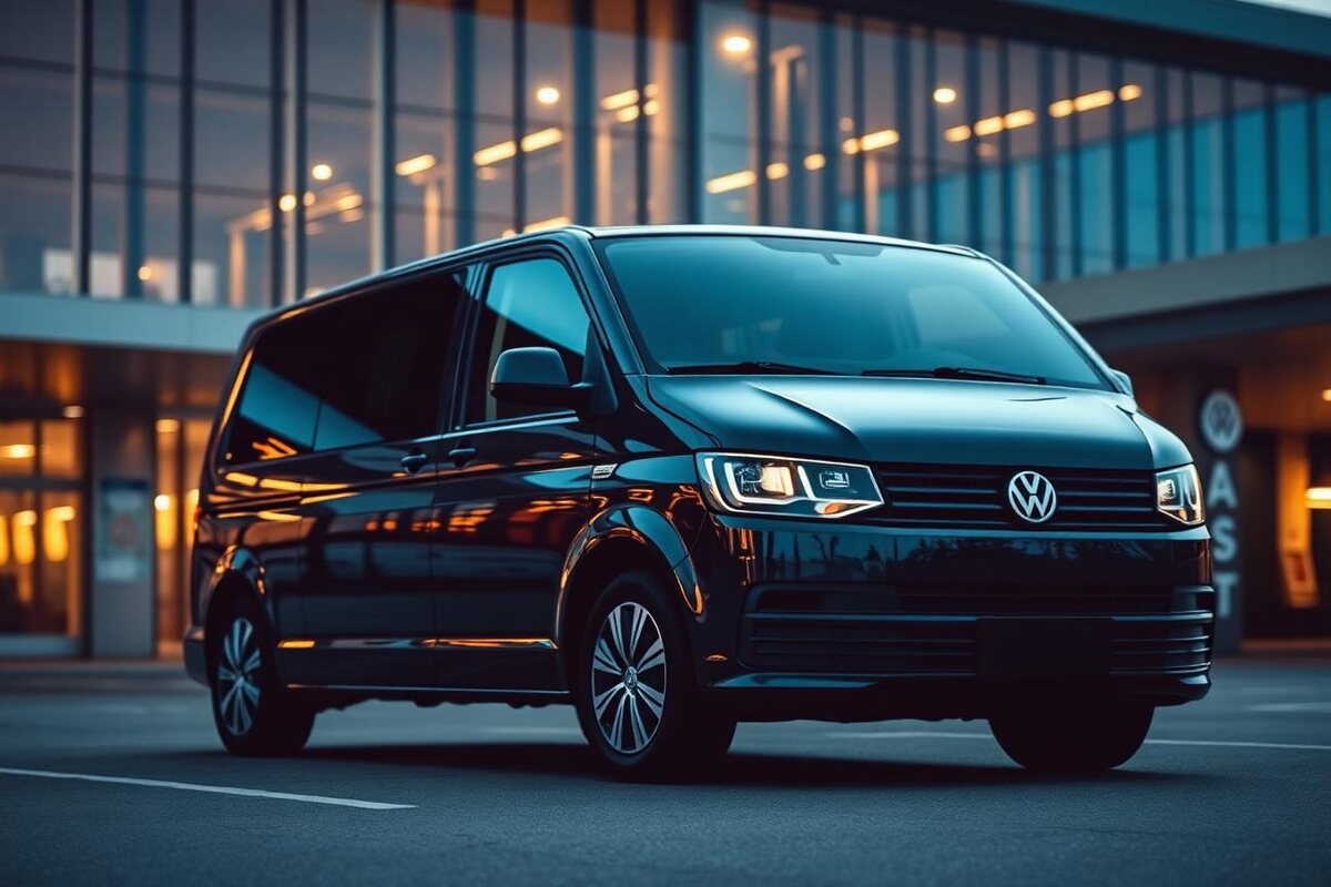 Putnički kombi spreman za aerodromski transfer ispred modernog terminala