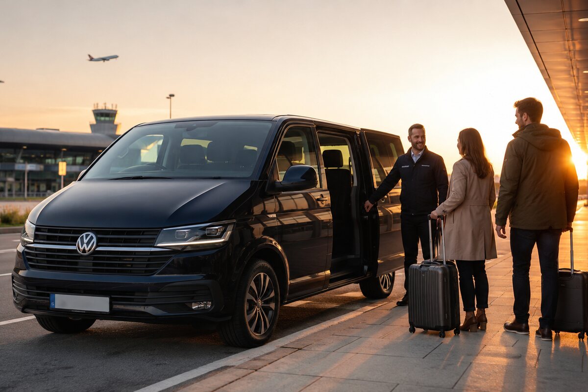 Putnici s koferima uz putnički kombi ispred aerodromskog terminala u vrijeme zalaska sunca