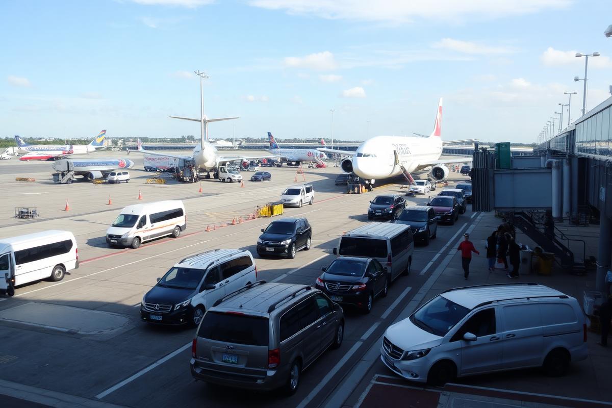 Veliki međunarodni aerodromski terminal s vozilima na dolaznoj rampi