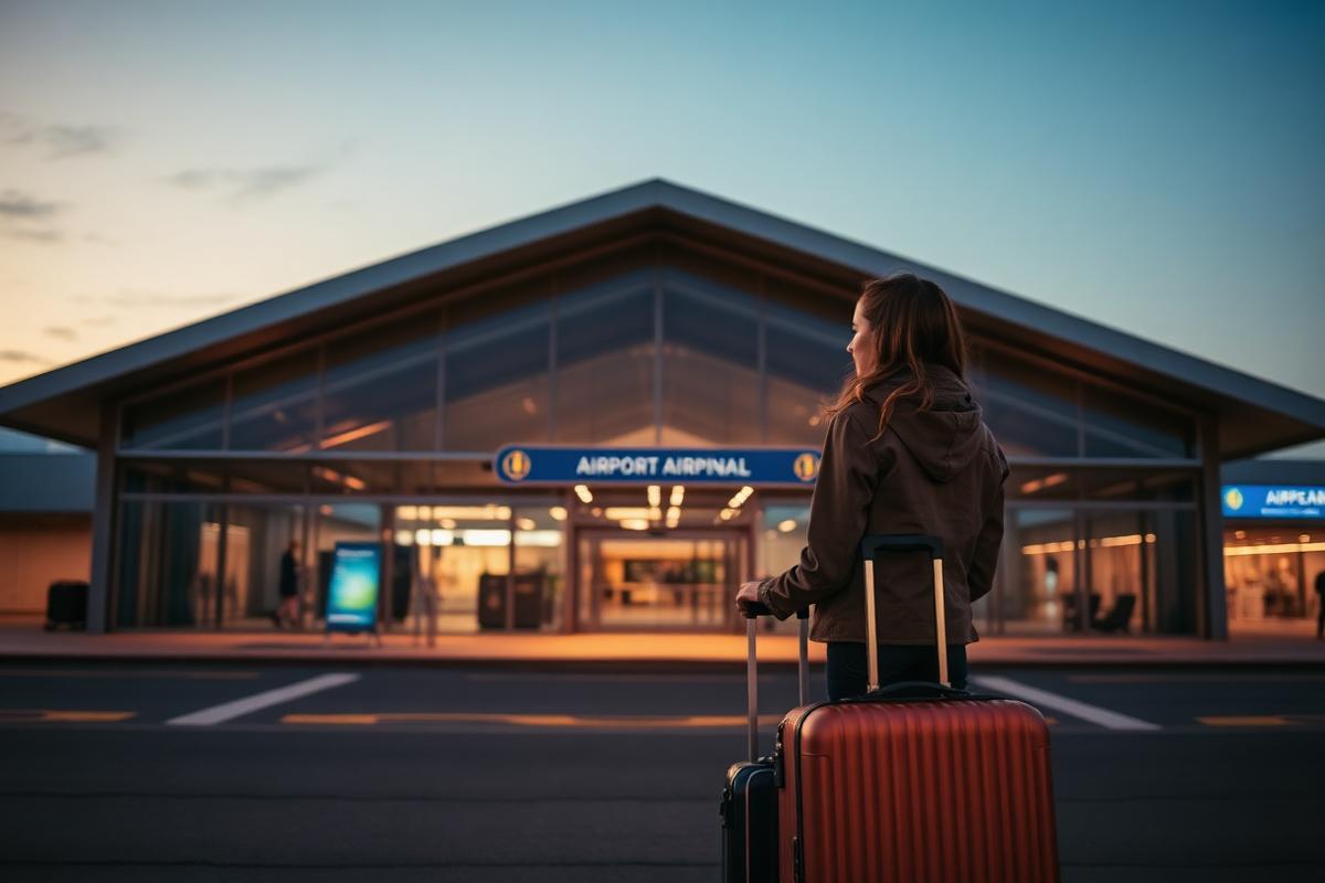 Putnica s prtljagom ispred manjeg europskog aerodromskog terminala u sumrak