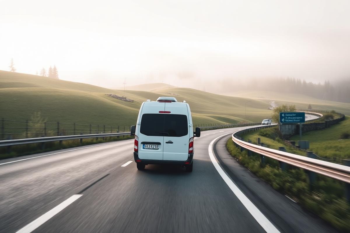 Kombi vozilo na austrijskoj autocesti okruženoj brežuljcima u jutarnjoj izmaglici