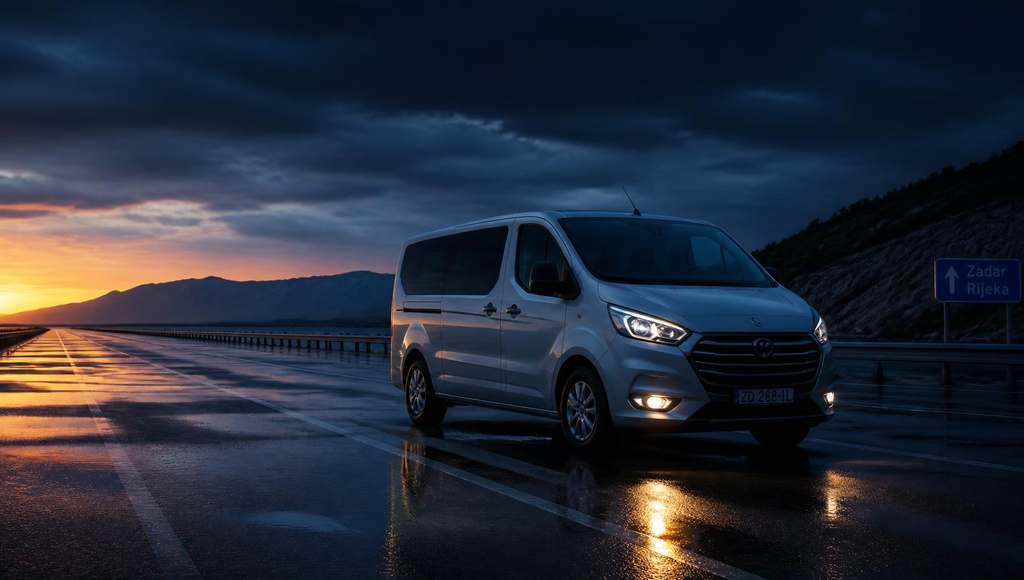 Putnički kombi na hrvatskoj autocesti u sumrak